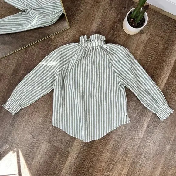 Veronica Beard Calisto Seersucker Striped Shirt Dark Sage & White - Picture 4 of 7